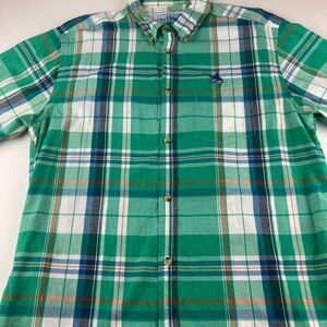 Guy Harvey AFTCO Shirt Mens XL Green Plaid Marlin Fishing Short Sleeve Button Up